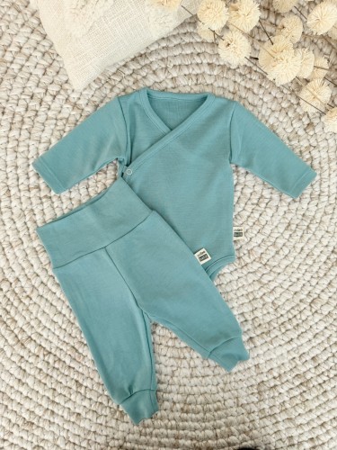 Przejdź do produktu Zestaw body kopertowe i spodnie niemowlęce  z 100% wełny merino - Mrożona mięta
